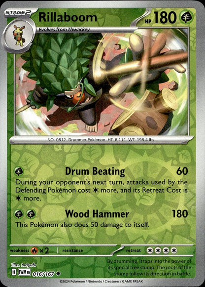 POKEMON RILLABOOM 016 TWILIGHT MASQUERADE 167  REVERSE HOLO LP