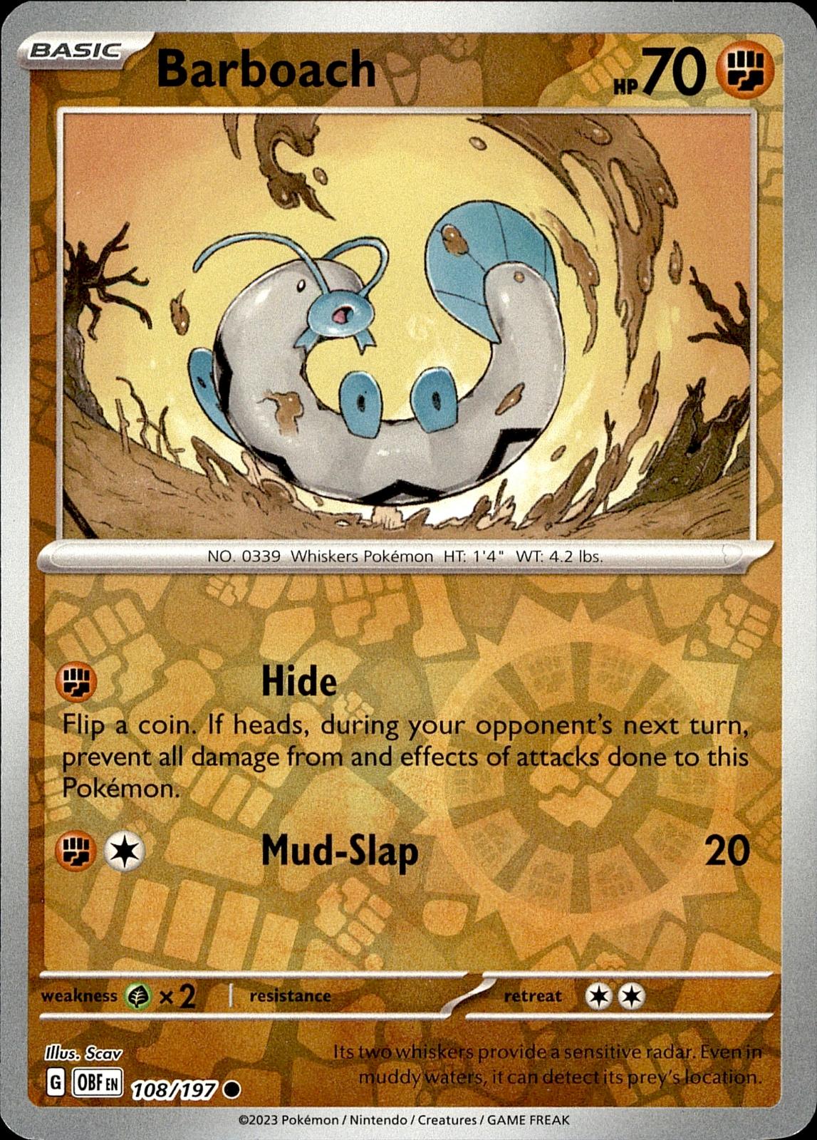POKEMON BARBOACH 108 OBSIDIAN FLAMES 197  REVERSE HOLO LP