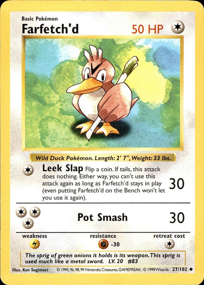 POKEMON FARFETCH'D 27 BASE SET SHADOWLESS 102  Unlimited LP