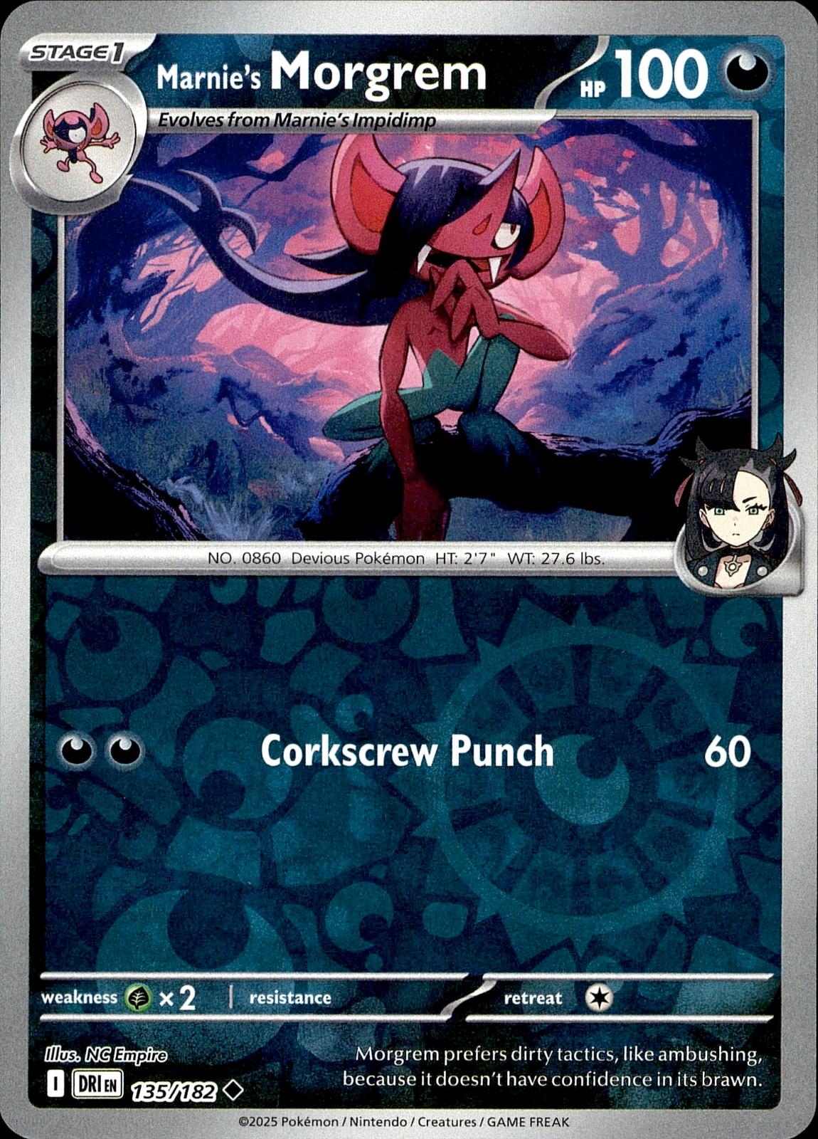 POKEMON MARNIE'S MORGREM 135 DESTINED RIVALS 182  REVERSE HOLO LP