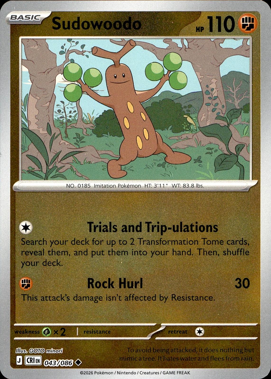 POKEMON SUDOWOODO 043/086 CHAOS RISING  REVERSE HOLO LP