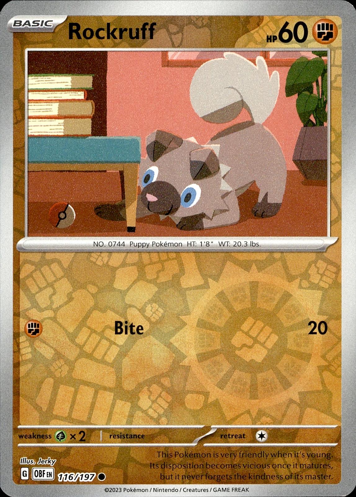 POKEMON ROCKRUFF 116 OBSIDIAN FLAMES 197  REVERSE HOLO LP