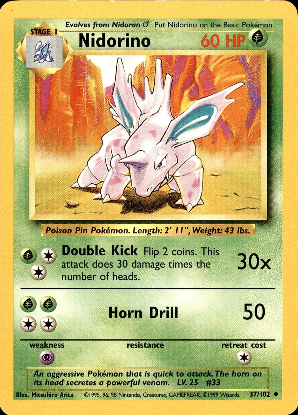 POKEMON NIDORINO 37 BASE SET Unlimited 102  LP